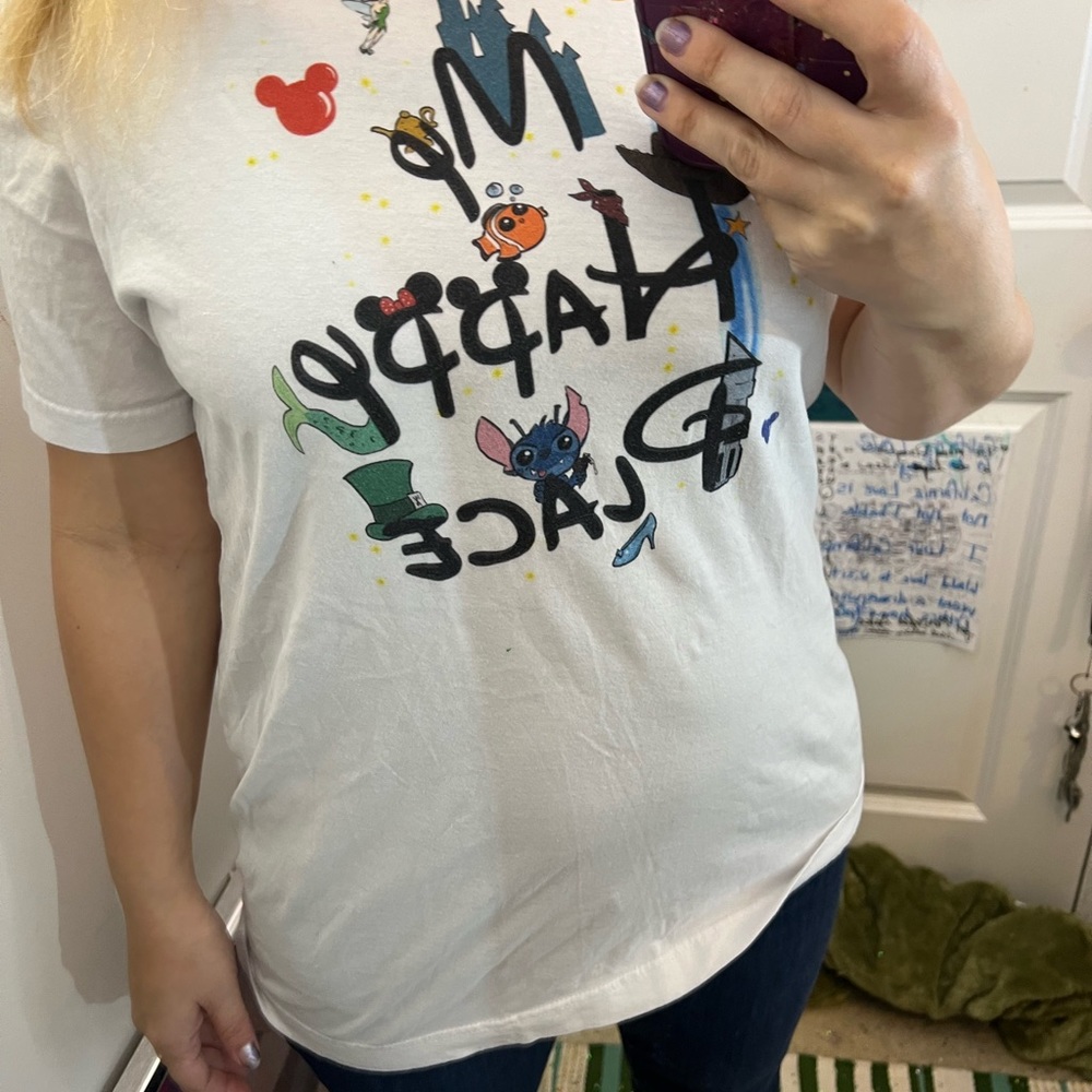 MY HAPPY PLACE DISNEY T TEE SHIRT EUC 775 WHITE COLORFUL